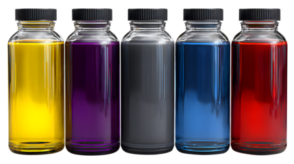 Five glass bottles with colored liquids on white yellow isolated on a transparent background