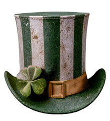 A vintage-style top hat with white and green stripes, adorned with gold accents and featuring an embroidered four-leaf clovel for a st. patrick's day celebration