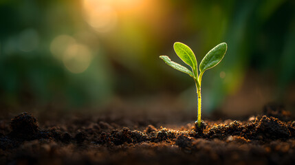 Close-up of a small green seedling growing in soil