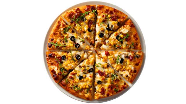 Sliced Italian Pizza with Corn, Olives, and Greens isolated on a transparent background