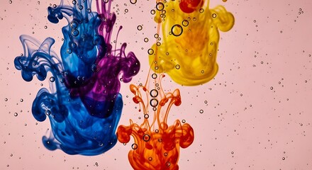 Colorful ink swirls underwater creating abstract art with blue purple orange and yellow hues