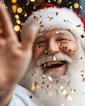 A cheerful Santa, amidst a shower of golden confetti, embodies the spirit of celebration and joy during the festive season, inviting everyone into the magic of Christmas.