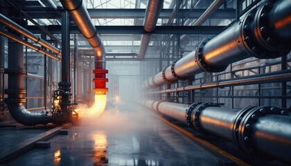 Industrial pipeline system with glowing hot pipe and steam in a factory setting.