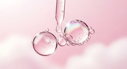 Serum dropping from a pipette with two large droplets on a pink background