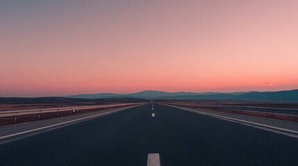 endless highway leading toward soft glowing horizon, calm pastel tones, cinematic and peaceful travel mood, clean minimalistic landscape