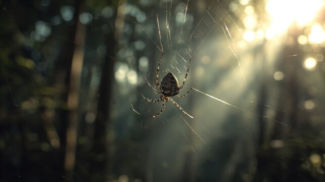 Large orb weaver spider centered on its web in a dark forest, sunlight rays cutting through trees, entire spider sharp and imposing, atmospheric depth