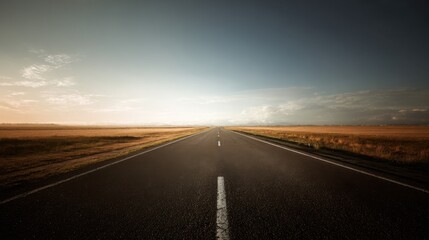 Fototapeta premium long straight road through open fields, soft sky gradient, calm and dreamy atmosphere, minimalistic composition, feeling of freedom and travel
