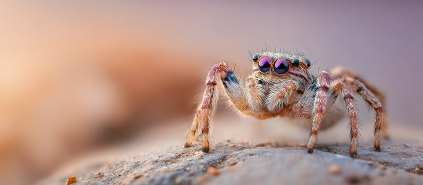Macro portrait of a jumping spider with iridescent eyes, standing on a smooth rock, ultra sharp details, soft blurred natural background