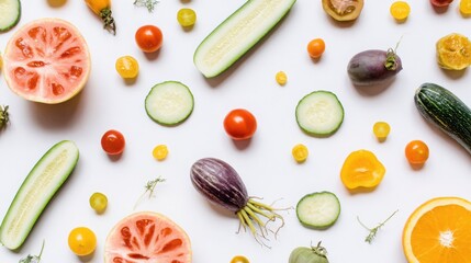 minimalistic bright flatlay, fresh colorful vegetables and fruits arranged neatly, clean white background, natural textures, healthy eating