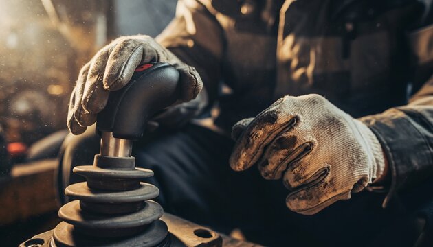 Close-up of a worker's gloved hands operating a control lever in an industrial setting.