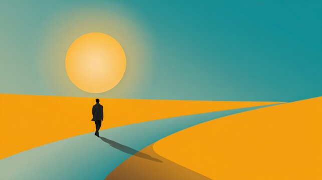 minimalistic bright outdoor scene, person walking on a path, soft sun glow, open space, clean simple background, symbolic light movement and daily