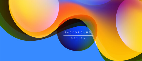 Abstract fluid shapes, vibrant colors blend. Dynamic composition creates modern background design. Bright gradients, smooth transitions visible.