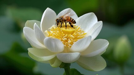 A vibrant close-up captures a striped flying insect diligently gathering nectar and pollen from the bright yellow center of a pristine white lotus flower. The intricate details of the insect's fuzzy b