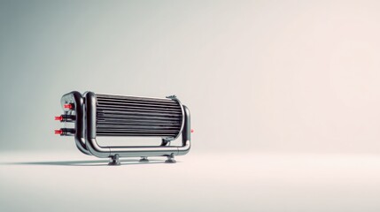 minimalistic diagram of turbo intercooler, cooling air flowing through radiator, bright clean background, soft shadows, technical automotive style