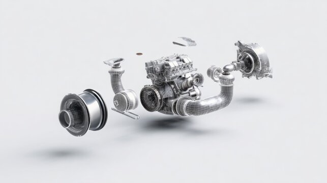 minimalistic exploded diagram of engine with turbocharger, cylinders, intake and exhaust, clean white background, soft shadows, engineering technical