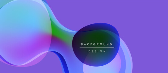 Abstract fluid shapes blend, creating vibrant purple, green, blue gradients. Text reads background design within dark oval form. Modern visual.