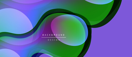 Abstract fluid shapes, vibrant colors blend. Modern design, smooth gradients create dynamic composition. Background features flowing lines, purple, green hues.
