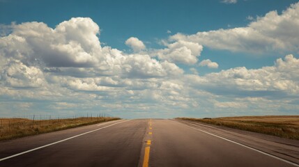open road with wide sky, light clouds moving, peaceful and airy atmosphere, clean minimalism, sense of long travel and calm freedom
