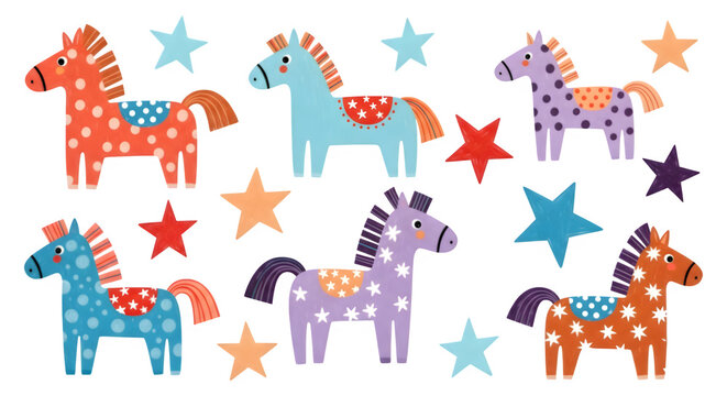 Colorful cartoon horses and stars isolated on transparent background
