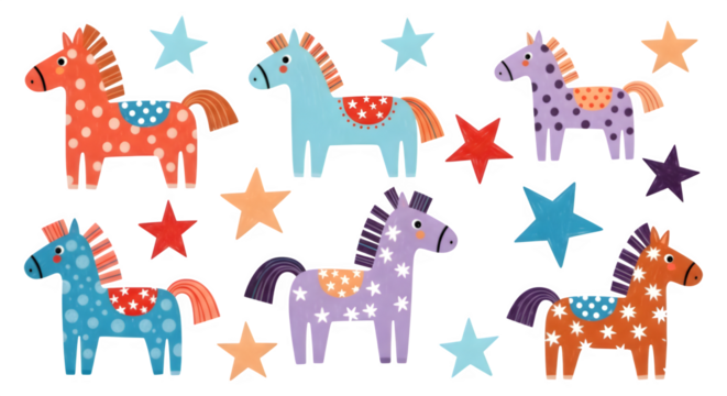 Colorful cartoon horses and stars isolated on transparent background