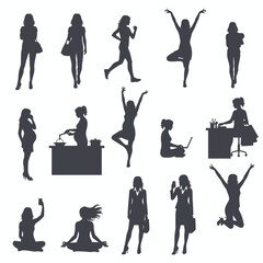 Women fashion and lifestyle silhouettes in gray featuring various poses shopping activities and elegant female figures for retail and beauty concepts