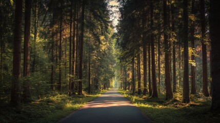 quiet forest road, sunlight through tall trees, soft shadows, peaceful and atmospheric, nature travel vibe, minimalism, warm tones