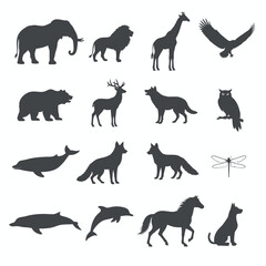 Black silhouette collection of wild animals and birds including elephants lions giraffes bears deer wolves eagles owls and marine mammals for wildlife nature and zoo themed design projects