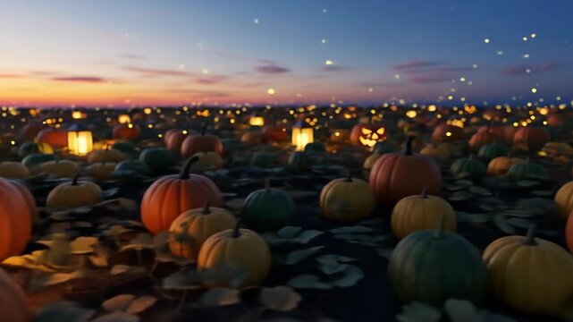 Enchanting Pumpkin Patch A Symphony of Autumn Hues and Glowing Lanterns at Dusk