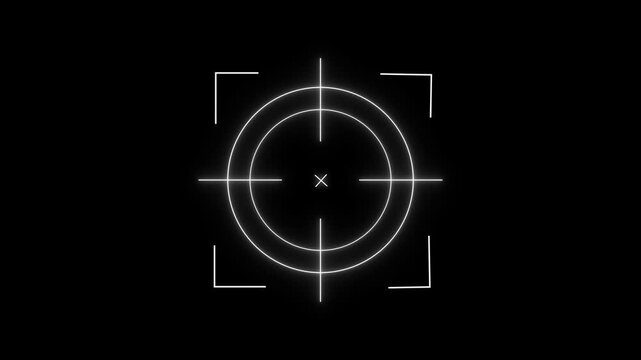 Neon aim cross, target search and aiming animation concept. Glowing neon target icon, looped animation. Crosshair, gun aim, sniper target, bullseye, precise shoot, hunting, target audience