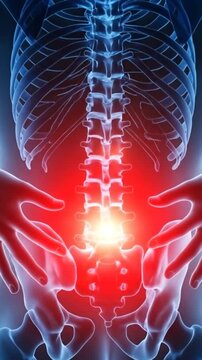 X-ray style illustration of human skeletal system with glowing red pain in the lower back and hands on hips.