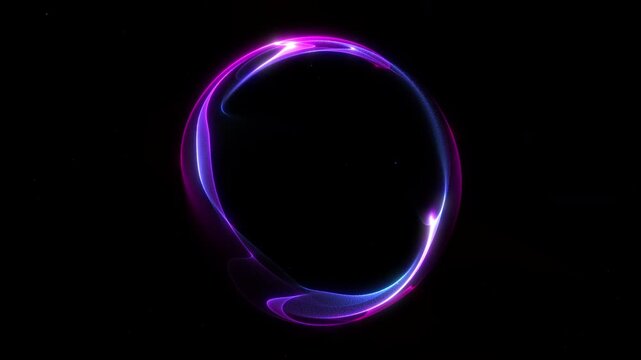 Seamless neon orb loop with flowing purple and blue glowing trails forming a smooth elegant circular motion. Futuristic minimalistic digital animation.