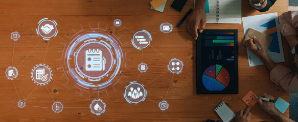 Concept of task management optimizes business efficiency. This system streamlines workflows,...