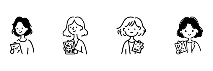 Naklejka premium Four Female Professionals Holding Clipboards Line Icon Set In Doodle Style. Business, Education, And Creative Planning Outline Sketch Collection. Hand Drawn Isolated Vector Illustration