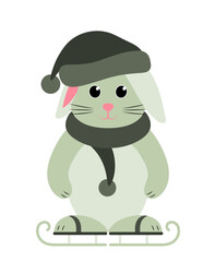 bunny with cap and scarf on ice skates isolated on white background