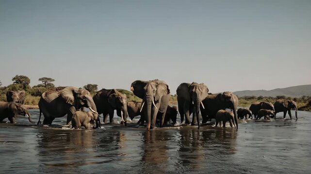 Majestic Elephant Herd Crossing River: Wildlife Safari Adventure