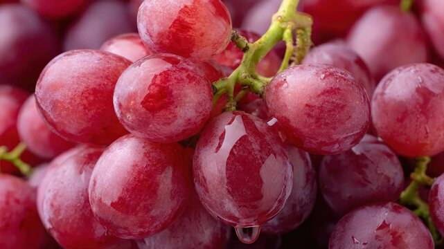 A vibrant, close-up shot captures a luscious cluster of fresh red grapes, adorned with glistening water droplets that enhance their succulent and appetizing appeal. The natural dew illuminates the dee