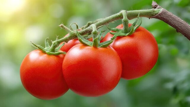 A vibrant close-up shot captures a cluster of perfectly ripe, crimson red tomatoes gracefully hanging from their lush green vine. Bathed in soft, warm natural sunlight that filters through a gently bl