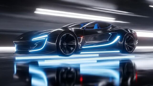 Sleek Futuristic Car Design with Neon Accents and Reflective Surface in Dark Ambiance