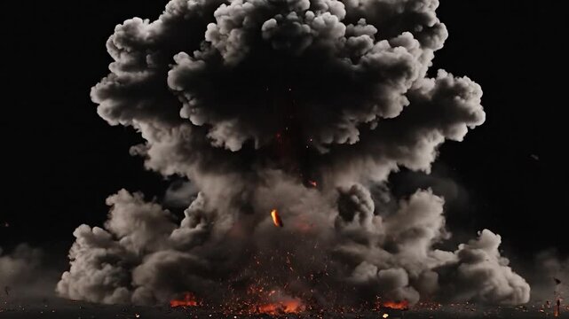 Dramatic explosion with fire and smoke against a dark background scene