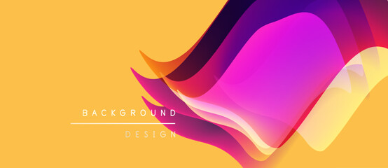 Abstract fluid shapes overlap, creating vibrant yellow, purple gradients. Modern design element for backgrounds, presentations.