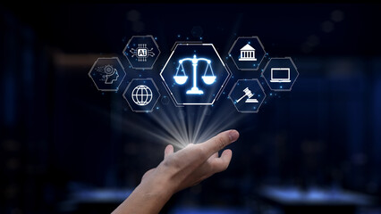 A hand reaches towards glowing digital icons symbolizing legal technology and justice, illustrating the intersection of law and innovation in a modern society. Synapse