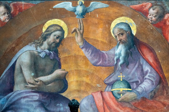 Fresco (19th century) of Representation of the Holy Trinity, Father, Son and Holy Spirit, in the form of a dove.