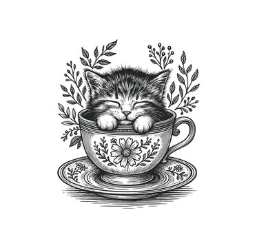 Engraving of Cute Kitten Sleeping in Floral Teacup