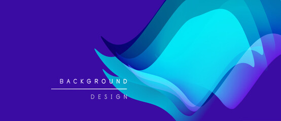 Abstract flowing shapes, vibrant blues, purples create dynamic background. Modern design, smooth gradients suggest movement, depth.