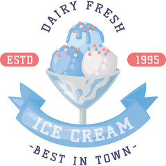 Pixel Art Ice Cream Sundae With Sprinkles In A Glass Bowl With A Blue Ribbon Banner And Text Saying Dairy Fresh Ice Cream Best In Town Founded 1995