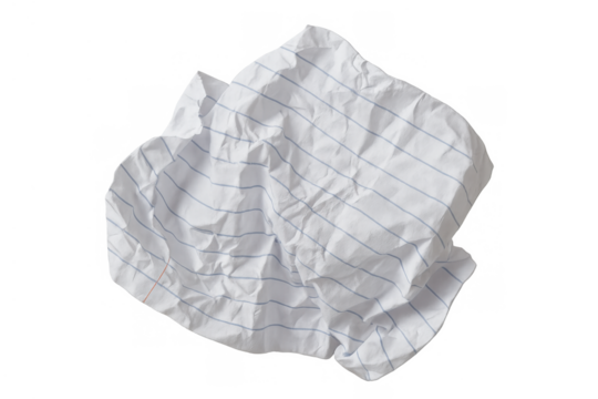 Crumpling notebook paper ball representing error, failure, and creative process with a transparent background