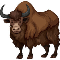 Pixel Art Illustration of a Brown Yak with Curved Horns Standing Facing Forward Against a Transparent Background Detailed Fur Texture and Muscular Build