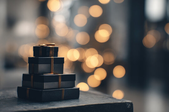 Stacked black gift boxes with gold ribbon on table, soft glowing bokeh lights in background create festive, elegant, and warm holiday atmosphere, perfect for celebration or special occasion