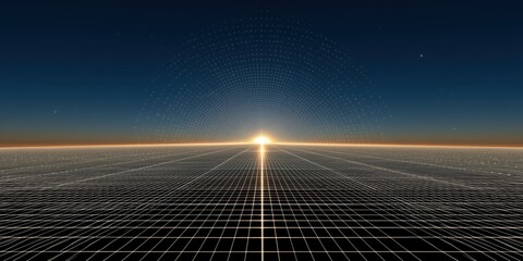 Futuristic digital grid landscape with glowing sunrise for data technology background.

