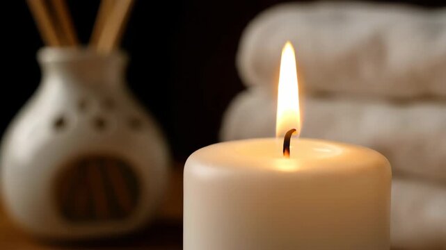 Spa scene with candle, towels, and aroma diffuser